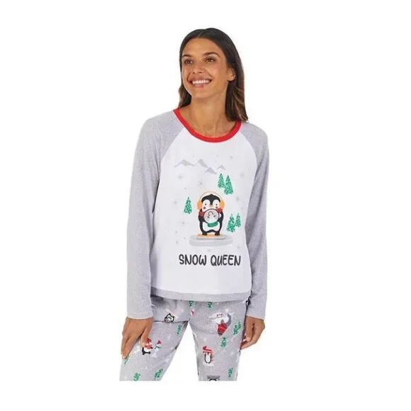 SOLD Cuddl Duds Womens Gray Penguin Snow Queen Knit Pockets Pajama 2 Pc Set Sz - Picture 9 of 11